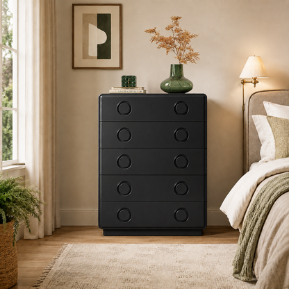 Modern Minimalist 5-Drawer Chest - Recessed Round Handle Storage Cabinet For Living Room & Bedroom