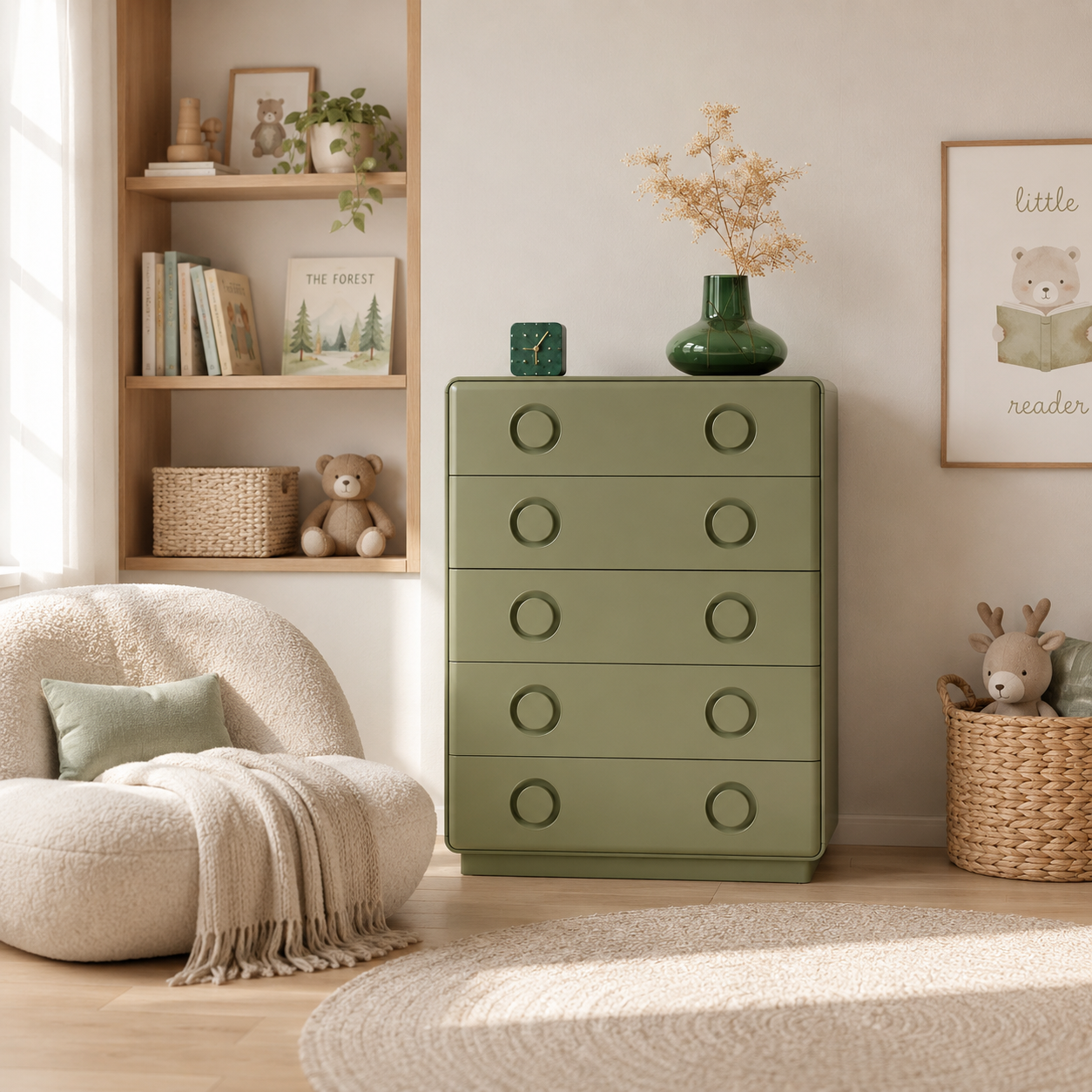 Modern Minimalist 5-Drawer Chest - Recessed Round Handle Storage Cabinet For Living Room & Bedroom