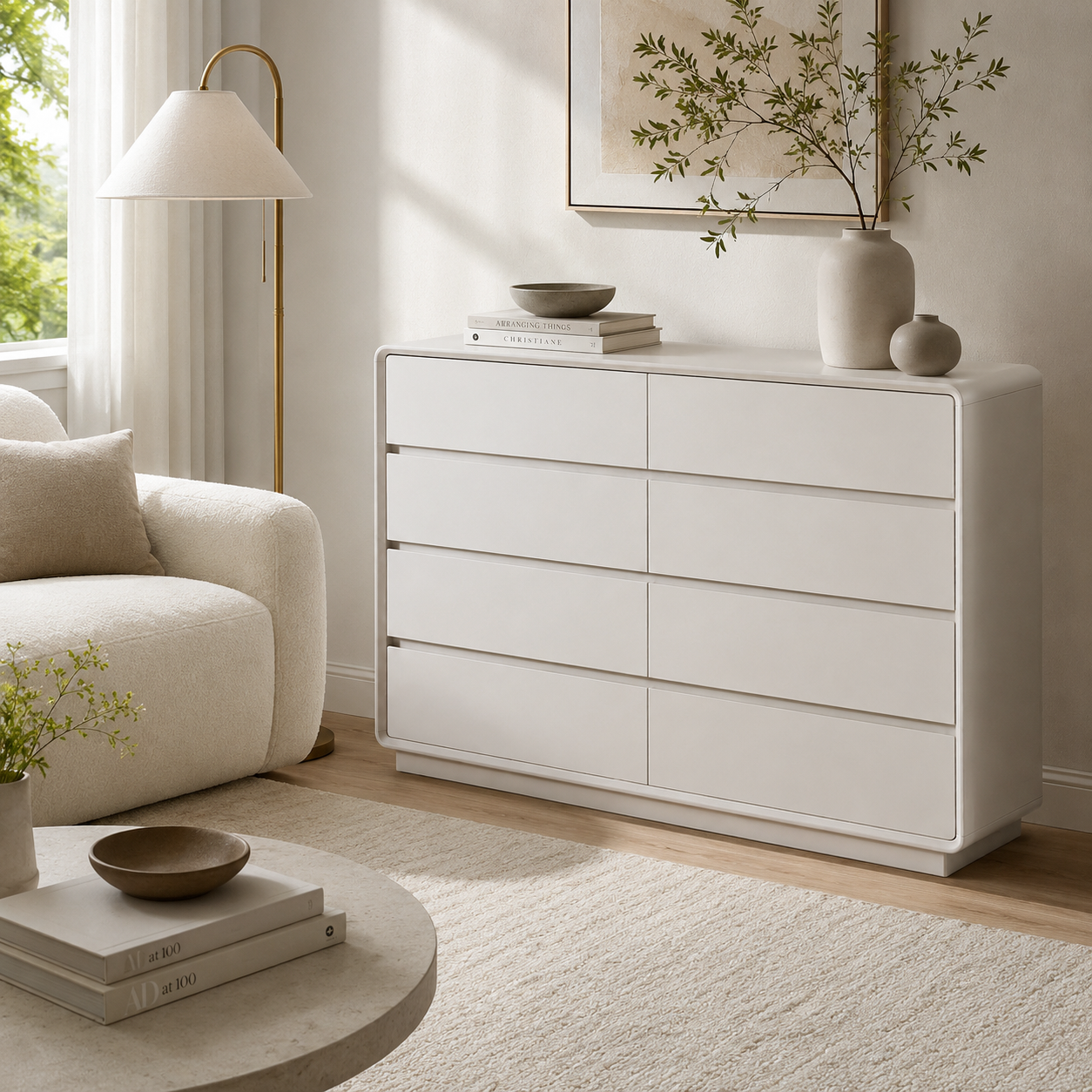 Scandinavian MDF 8-Drawer Wide Dresser - Hidden Pull Handles Storage Cabinet For Bedroom