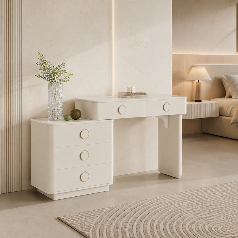 Modern Minimalist Medium Density Fiberboard Makeup Vanity - Rounded Design Dressing Table 5-Drawers For Bedroom