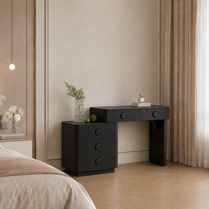 Modern Minimalist Medium Density Fiberboard Makeup Vanity - Rounded Design Dressing Table 5-Drawers For Bedroom