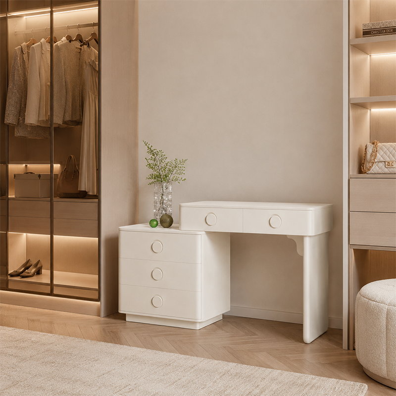 Modern Minimalist Medium Density Fiberboard Makeup Vanity - Rounded Design Dressing Table 5-Drawers For Bedroom