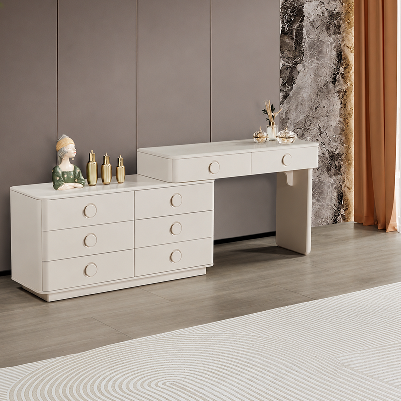 Modern Minimalist Dressing Table With 8-Drawers - Curved Rounded Makeup Vanity For Bedroom
