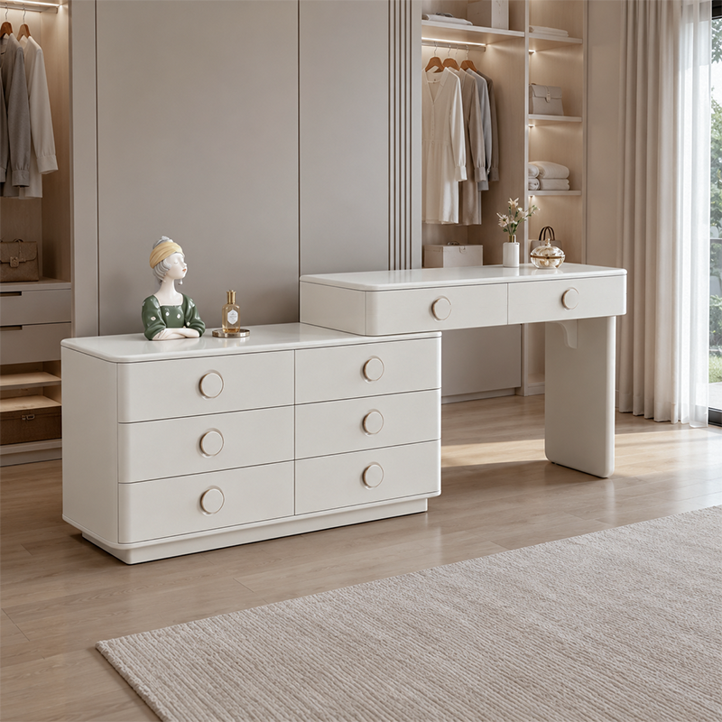 Modern Minimalist Dressing Table With 8-Drawers - Curved Rounded Makeup Vanity For Bedroom
