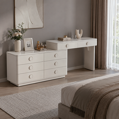 Modern Minimalist Dressing Table With 8-Drawers - Curved Rounded Makeup Vanity For Bedroom