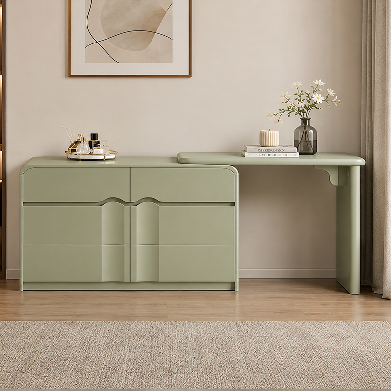 Modern Curved Makeup Vanity With Multi-Drawer Storage - Minimalist Dressing Table With Wave Groove 6-Drawers For Bedroom