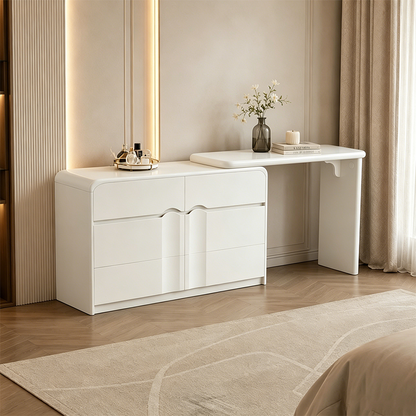 Modern Curved Makeup Vanity With Multi-Drawer Storage - Minimalist Dressing Table With Wave Groove 6-Drawers For Bedroom