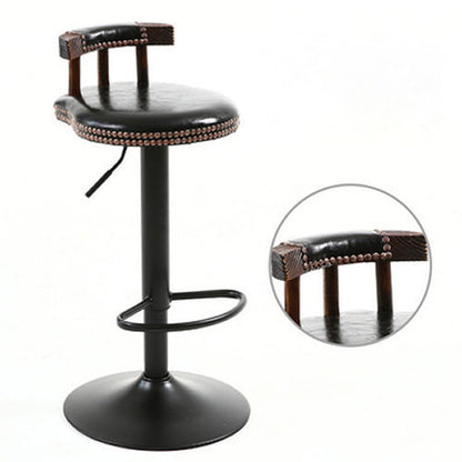Contemporary Luxury Round Faux Oil-Waxed Leather Iron Bar Stool Backrest Footrest For Dining Room