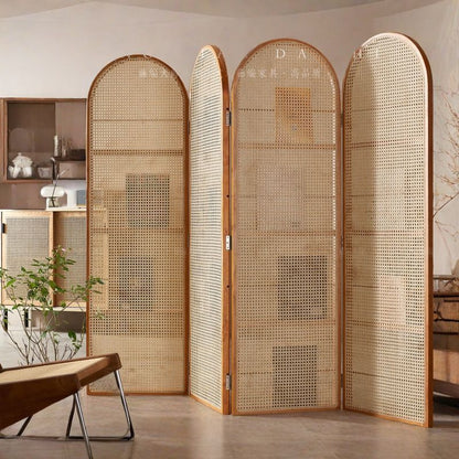 Contemporary Retro PVC Rattan Pine Wood Finish Movable Corner Shelf Unit Foldable 2/3/4-Panel Room Divider Storage Shelves For Living Room