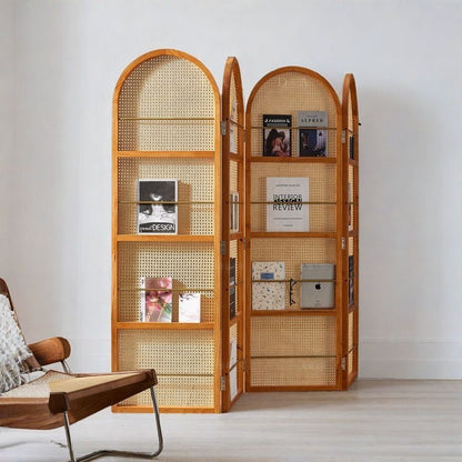 Contemporary Retro PVC Rattan Pine Wood Finish Movable Corner Shelf Unit Foldable 2/3/4-Panel Room Divider Storage Shelves For Living Room