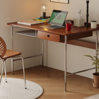 Modern Minimalist Rectangular Solid Wood Stainless Steel Desk 4-Leg 1-Drawer For Home Office