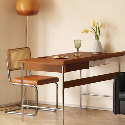 Modern Minimalist Rectangular Solid Wood Stainless Steel Desk 4-Leg 1-Drawer For Home Office