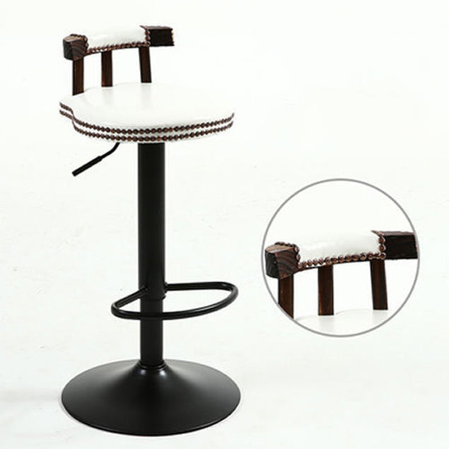 Contemporary Luxury Round Faux Oil-Waxed Leather Iron Bar Stool Backrest Footrest For Dining Room