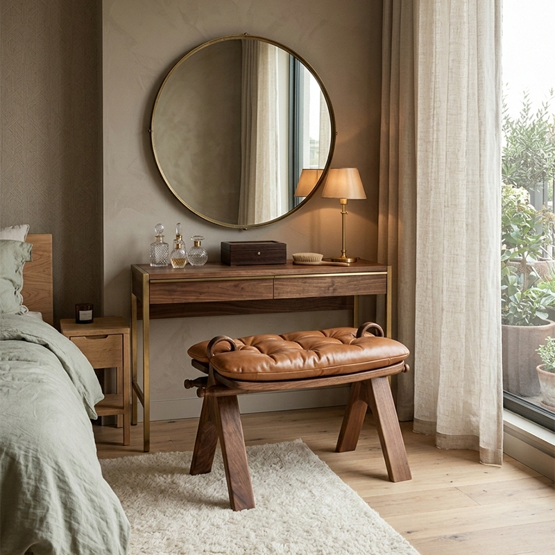 Contemporary Retro Top Grain Leather Curved Rectangular Low Stool With Solid Wood Base For Bedroom & Living Room