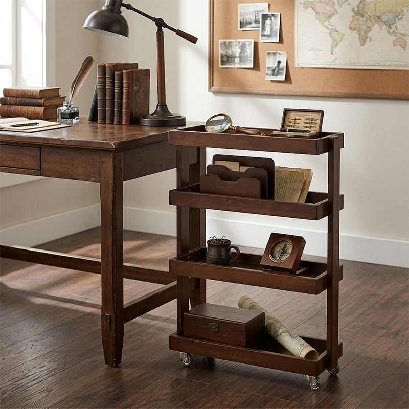 Contemporary Retro Solid Wood Metal Rectangular Narrow Storage Shelf With Wheels 4-Tier For Living Room