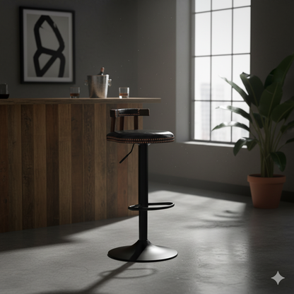 Contemporary Luxury Round Faux Oil-Waxed Leather Iron Bar Stool Backrest Footrest For Dining Room