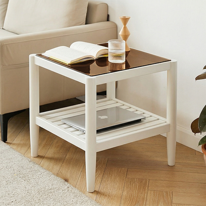 Modern Minimalist Solid Wood Glass Rectangular Side Table With 2-Tier Storage Space-saving For Living Room & Bedroom