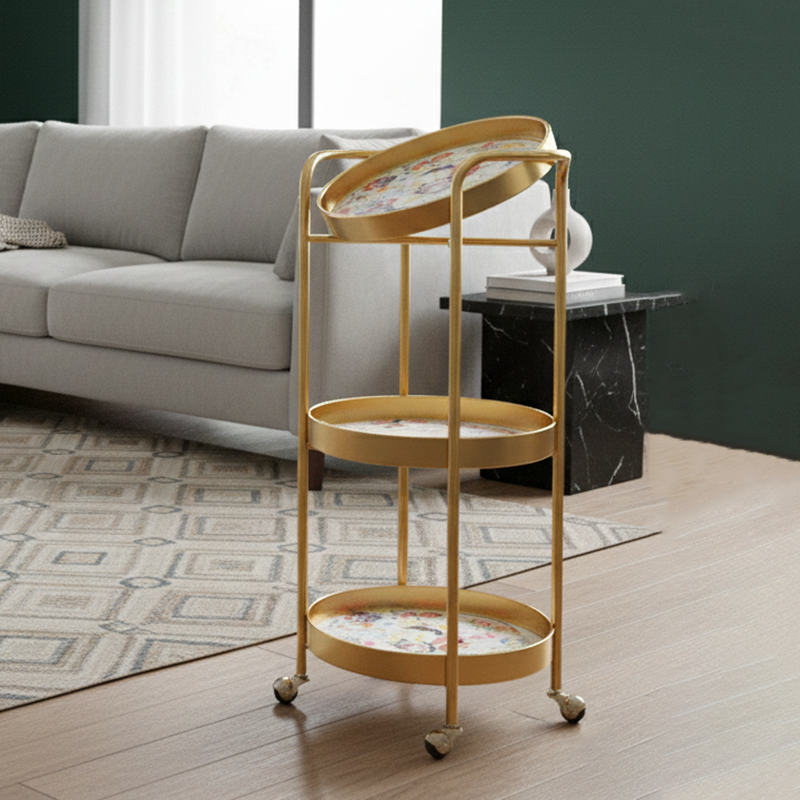 Contemporary Retro Iron Round Patterned Side Table With Wheels For Living Room