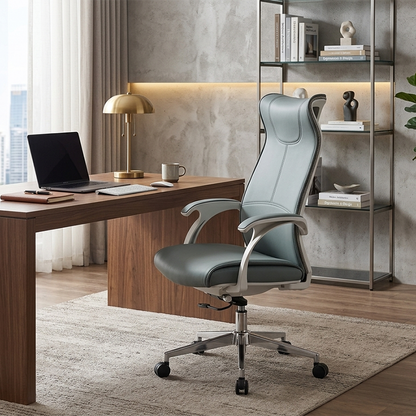 Modern Ergonomic High Back Leather Plywood & Metal Office Chair Executive Swivel Desk Chair With Headrest Lumbar Support Adjustable Rolling Computer Chair