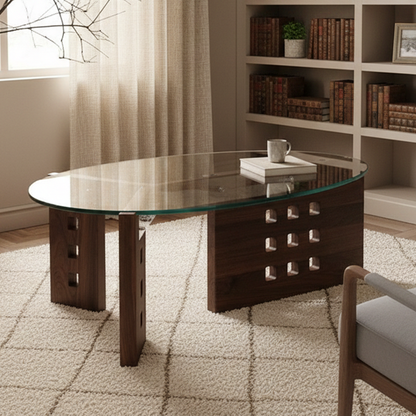 Modern Minimalist Tempered Glass Stainless Steel Solid Wood Oval Coffee Table With Perforated Base Single-Tier Table For Living Room