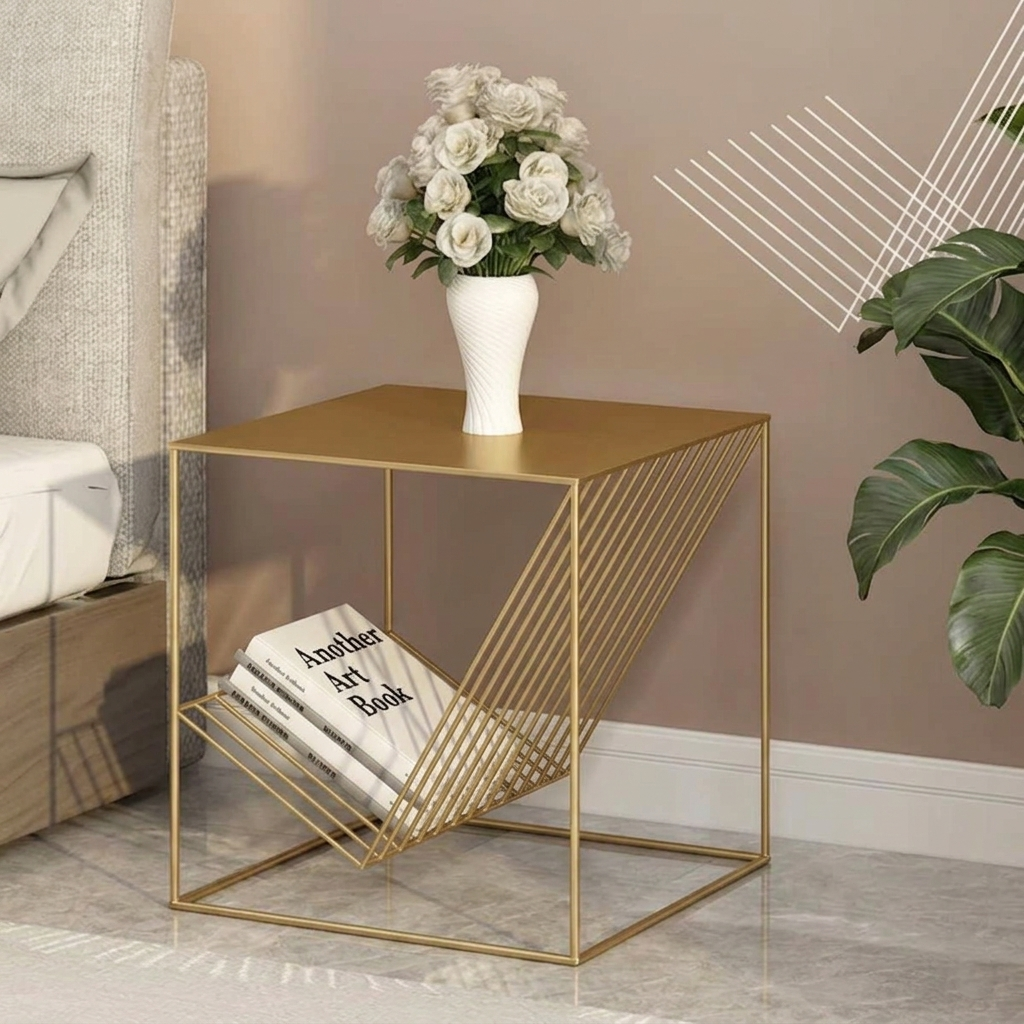 Modern Minimalist Square Iron Side Table 2-Tier For Living Room