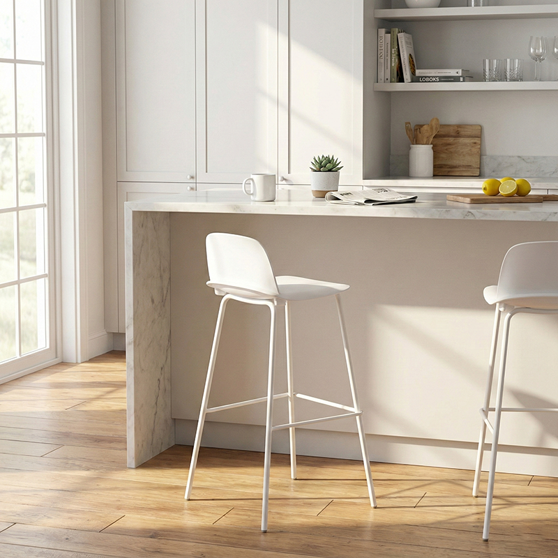 Modern Minimalist PP & Carbon Steel Rectangular Bar Stool With Backrest And Footrest For Dining Room