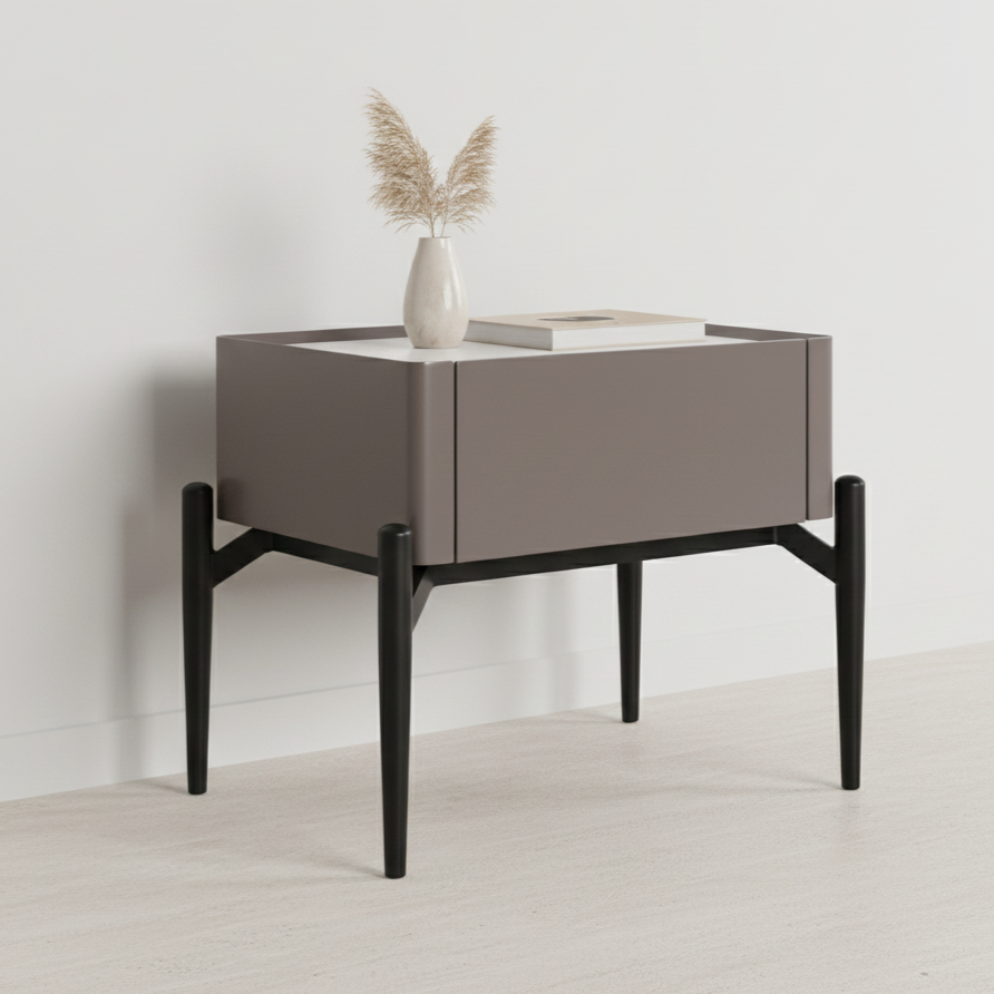 Modern Luxury Grayish Brown 1-Drawer Nightstand: Stiletto Legs High-End Accent Bedside Table For Bedroom
