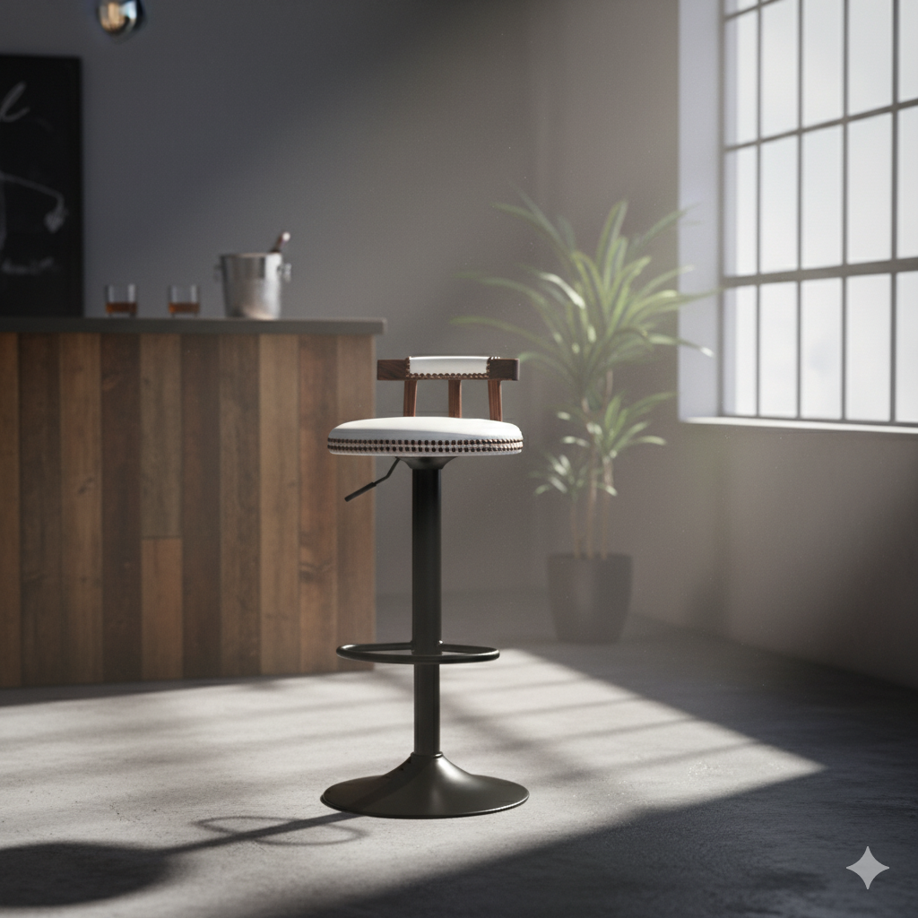 Contemporary Luxury Round Faux Oil-Waxed Leather Iron Bar Stool Backrest Footrest For Dining Room