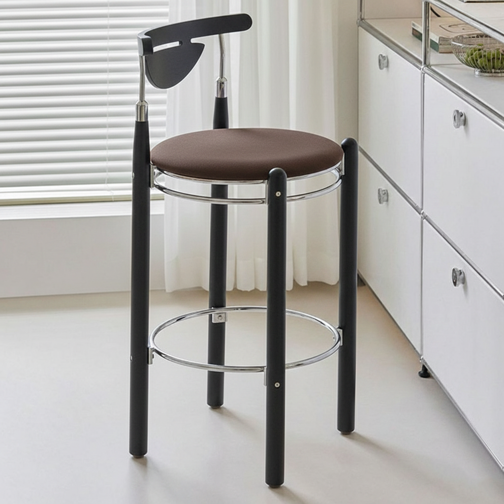 Modern Minimalist Round Solid Wood Plywood Wrought Iron Bar Stool With Backrest Footrest - Beech Wood Legs, Upholstered Sponge Cushions For Dining Room & Kitchen