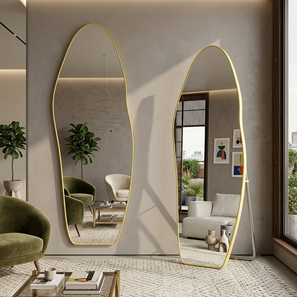 Modern Minimalist Curved Glass Aluminum Alloy Medium Density Fiberboard Wall Mirror For Bedroom