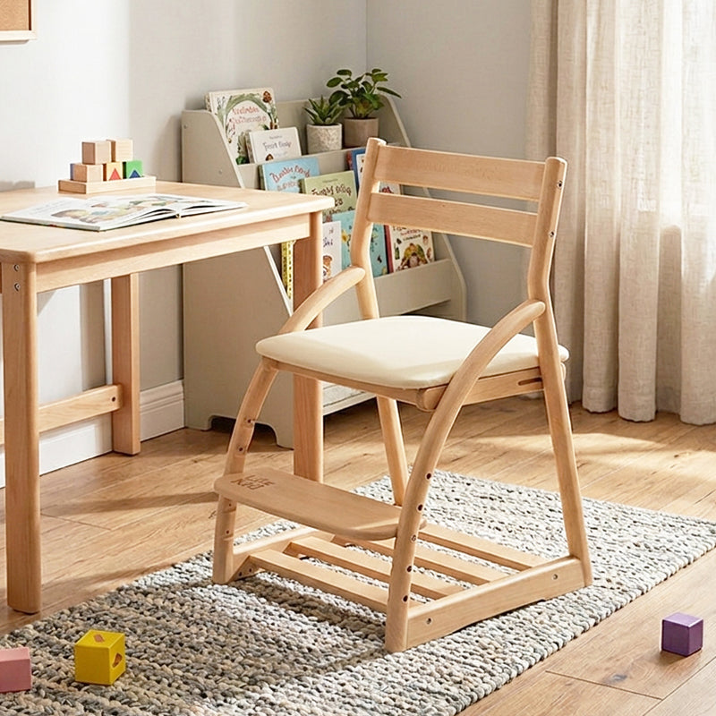Modern Minimalist Solid Beech Wood Kids Study Chair - Adjustable Height Ergonomic Learning Chair With Footrest & Hidden Gravity Wheels