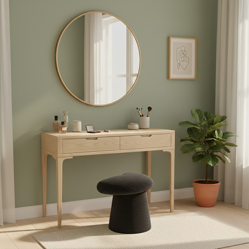 Modern Minimalist Solid Wood Plywood & Sherpa Fabric Whale-Tail Cushion Vanity Stool With Cylindrical Base For Bedroom