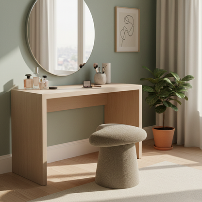 Modern Minimalist Solid Wood Plywood & Sherpa Fabric Whale-Tail Cushion Vanity Stool With Cylindrical Base For Bedroom