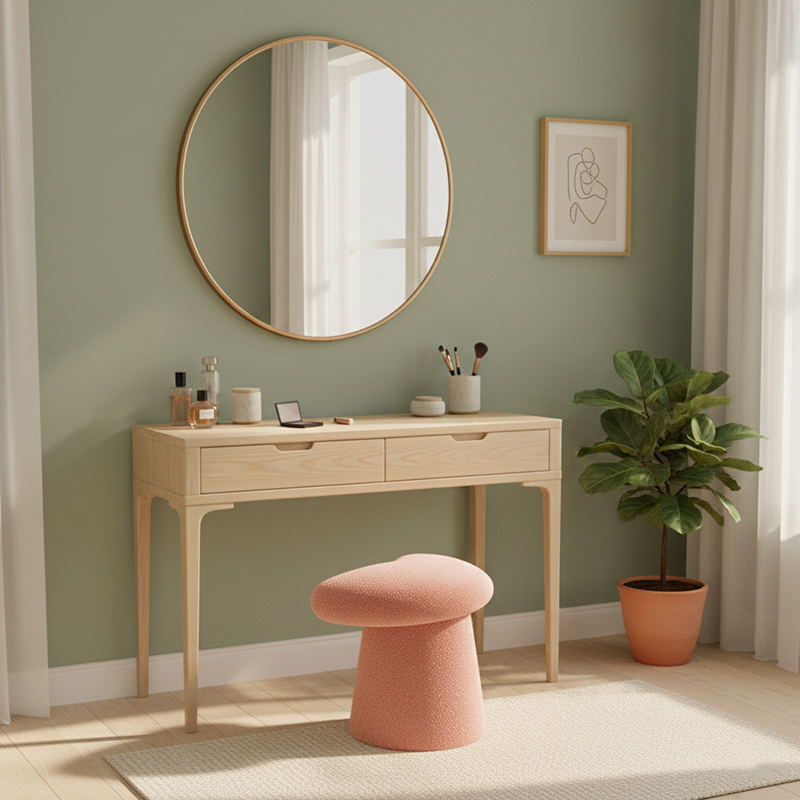 Modern Minimalist Solid Wood Plywood & Sherpa Fabric Whale-Tail Cushion Vanity Stool With Cylindrical Base For Bedroom