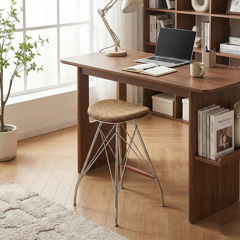 Modern Minimalist Bar Stool - Iron Plated Frame, Multi-Layer Solid Wood Seat With Fabric Upholstery & Beechwood Footrest For Dining Room & Kitchen