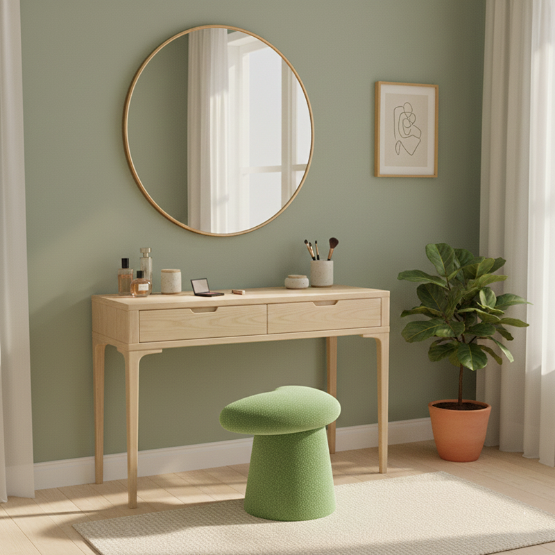 Modern Minimalist Solid Wood Plywood & Sherpa Fabric Whale-Tail Cushion Vanity Stool With Cylindrical Base For Bedroom