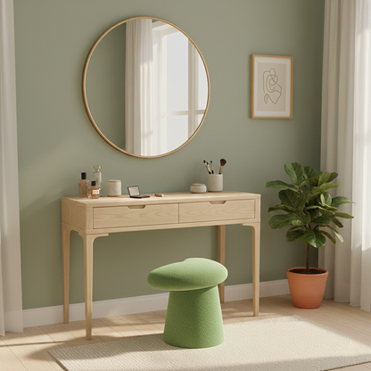 Modern Minimalist Solid Wood Plywood & Sherpa Fabric Whale-Tail Cushion Vanity Stool With Cylindrical Base For Bedroom