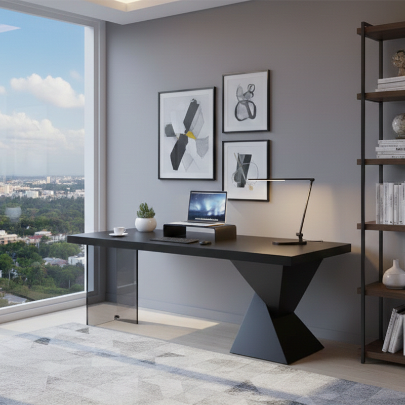 Modern Minimalist Oak & Acrylic Rectangular Desk With Wireless Charging And Outlet For Bedroom & Home Office