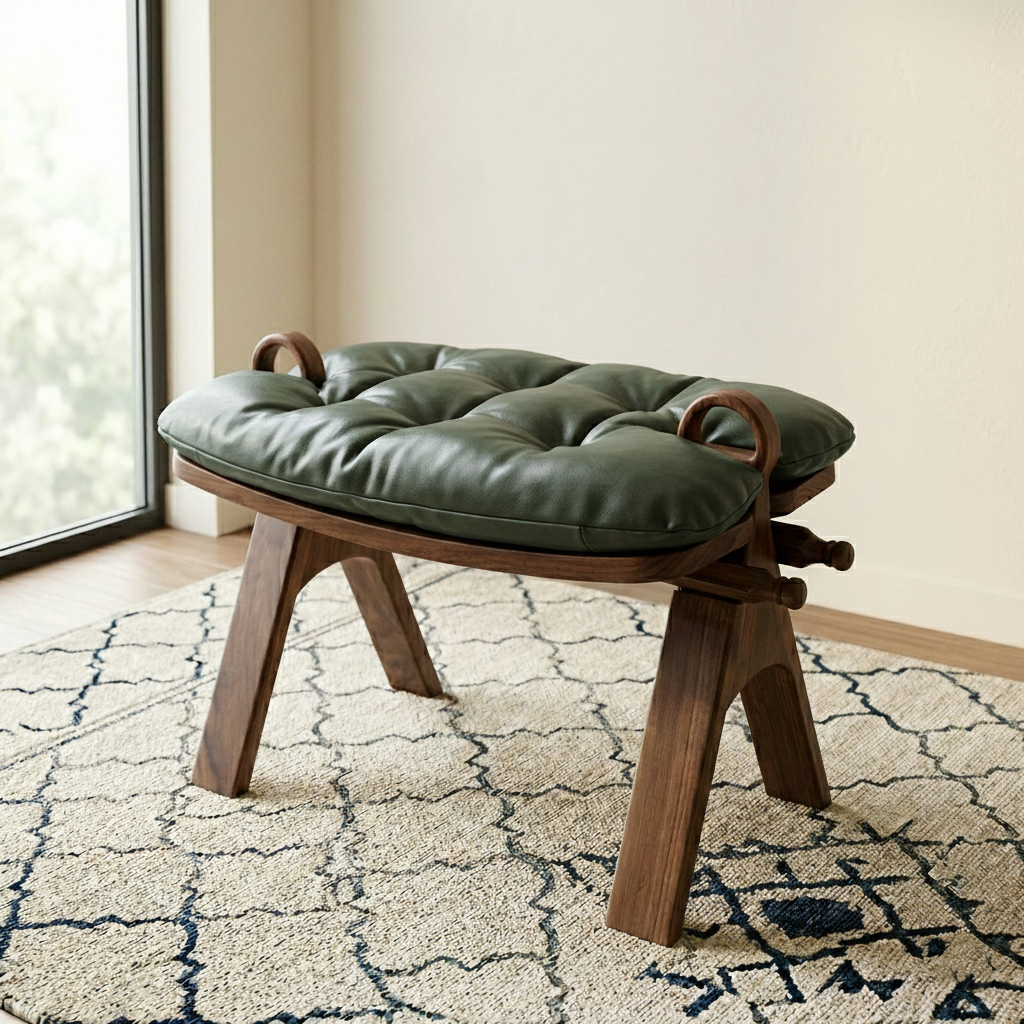 Contemporary Retro Top Grain Leather Curved Rectangular Low Stool With Solid Wood Base For Bedroom & Living Room