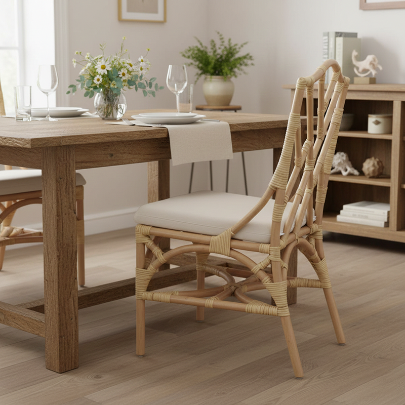 Contemporary Scandinavian Handwoven Natural Rattan Dining Chair With Waterproof Cushioned - Back Chair For Indoor & Outdoor Use