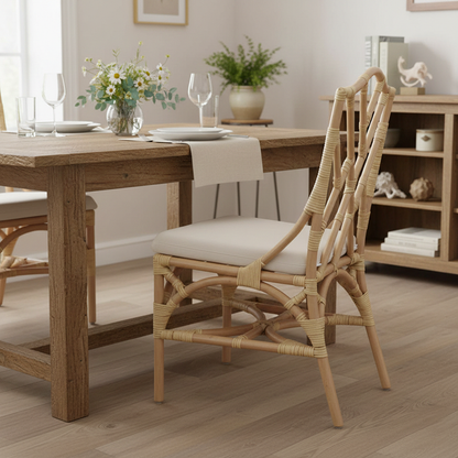 Contemporary Scandinavian Handwoven Natural Rattan Dining Chair With Waterproof Cushioned - Back Chair For Indoor & Outdoor Use