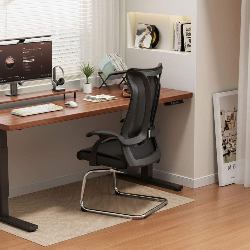 Modern Minimalist Ergonomic Leather Plywood Metal Office Chair Executive Gaming Desk Chair With Headrest Lumbar Support Cantilever Base For Home Office Set Of 2