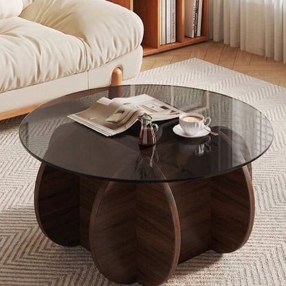 Modern Minimalist Round Solid Wood Glass Coffee Table For Living Room