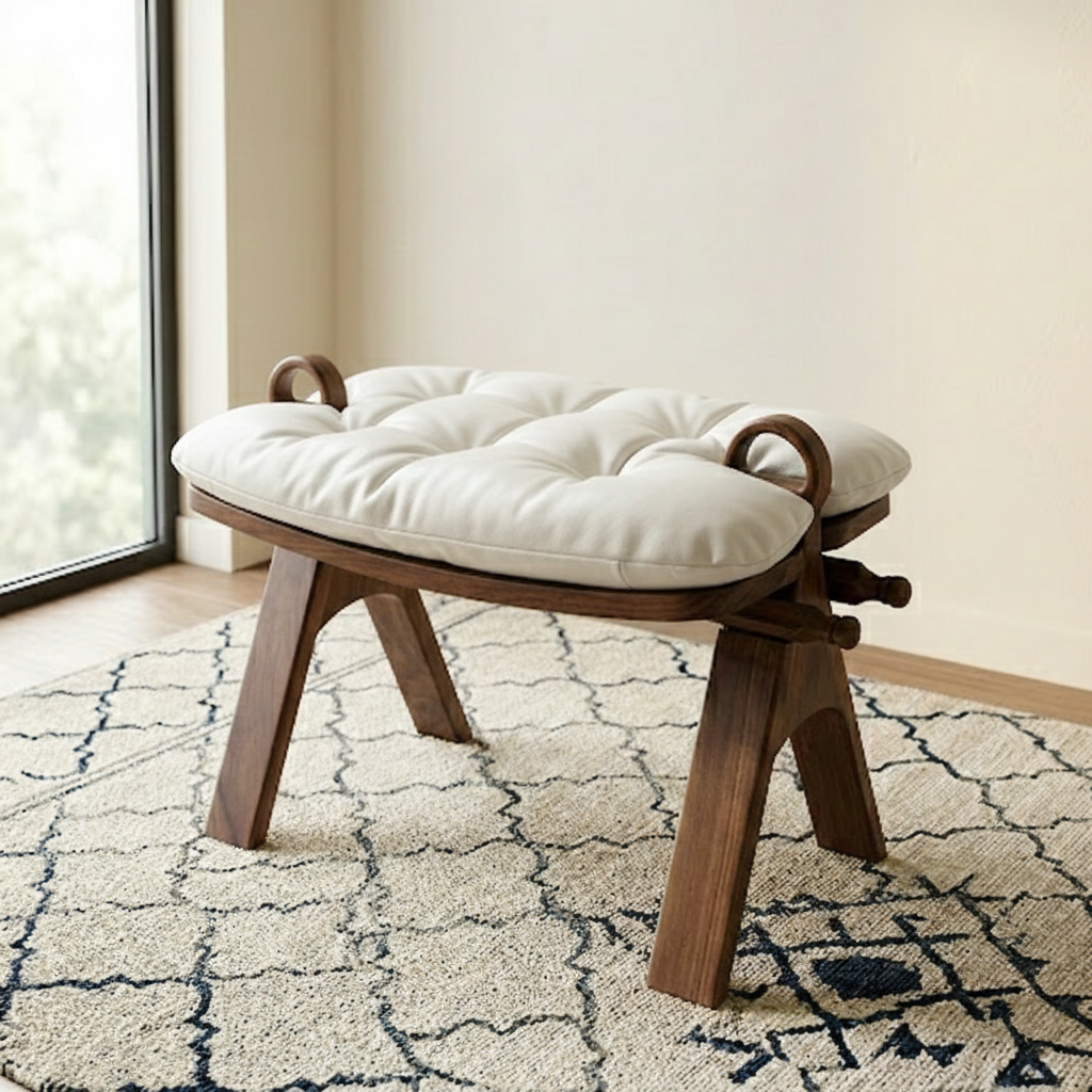 Contemporary Retro Top Grain Leather Curved Rectangular Low Stool With Solid Wood Base For Bedroom & Living Room