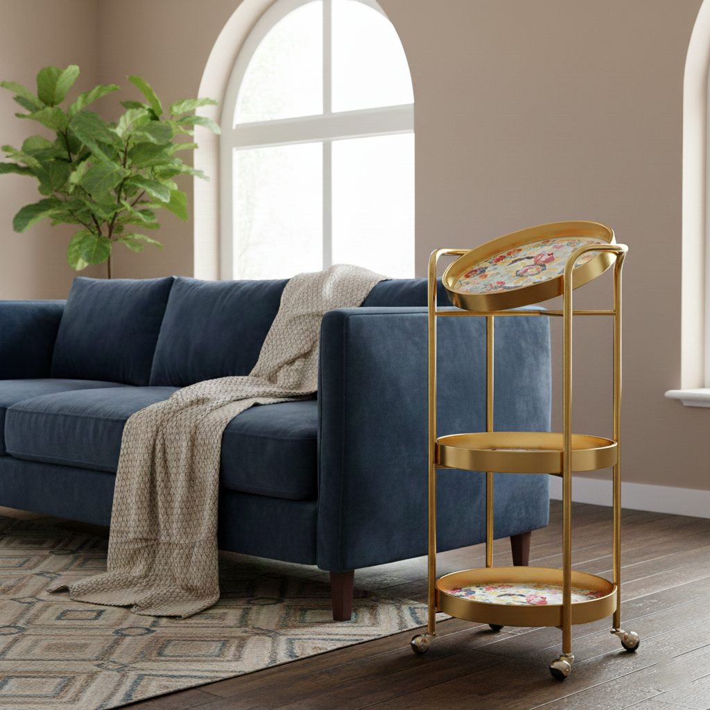 Contemporary Retro Iron Round Patterned Side Table With Wheels For Living Room