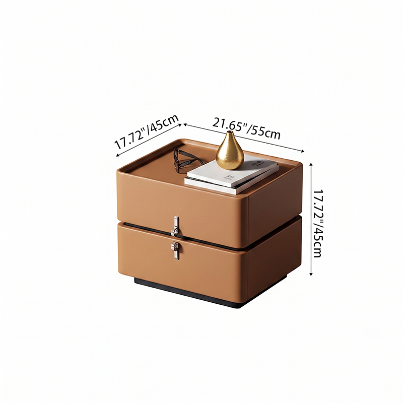 Traditional French Microfiber Leather Stainless Steel Plywood Rounded Square Nightstand 2-Drawer For Bedroom