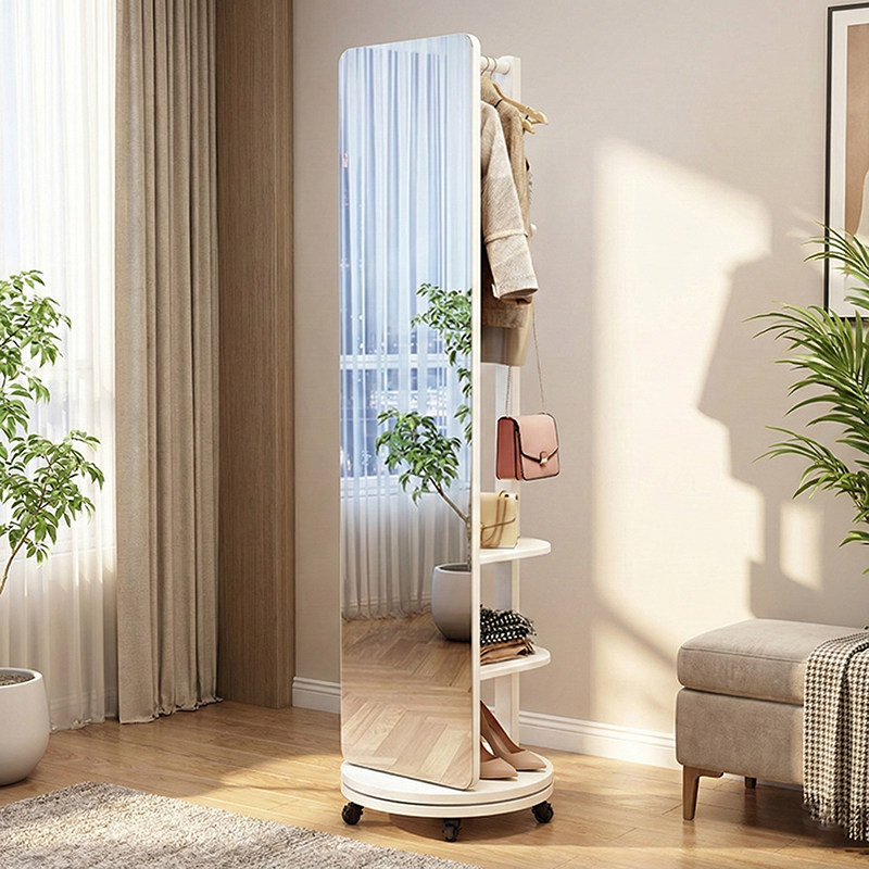 Modern Minimalist Rectangular Solid Wood Rotatable Movable Hall Tree With Mirror & 3-Tier Storage For Bedroom & Entryways
