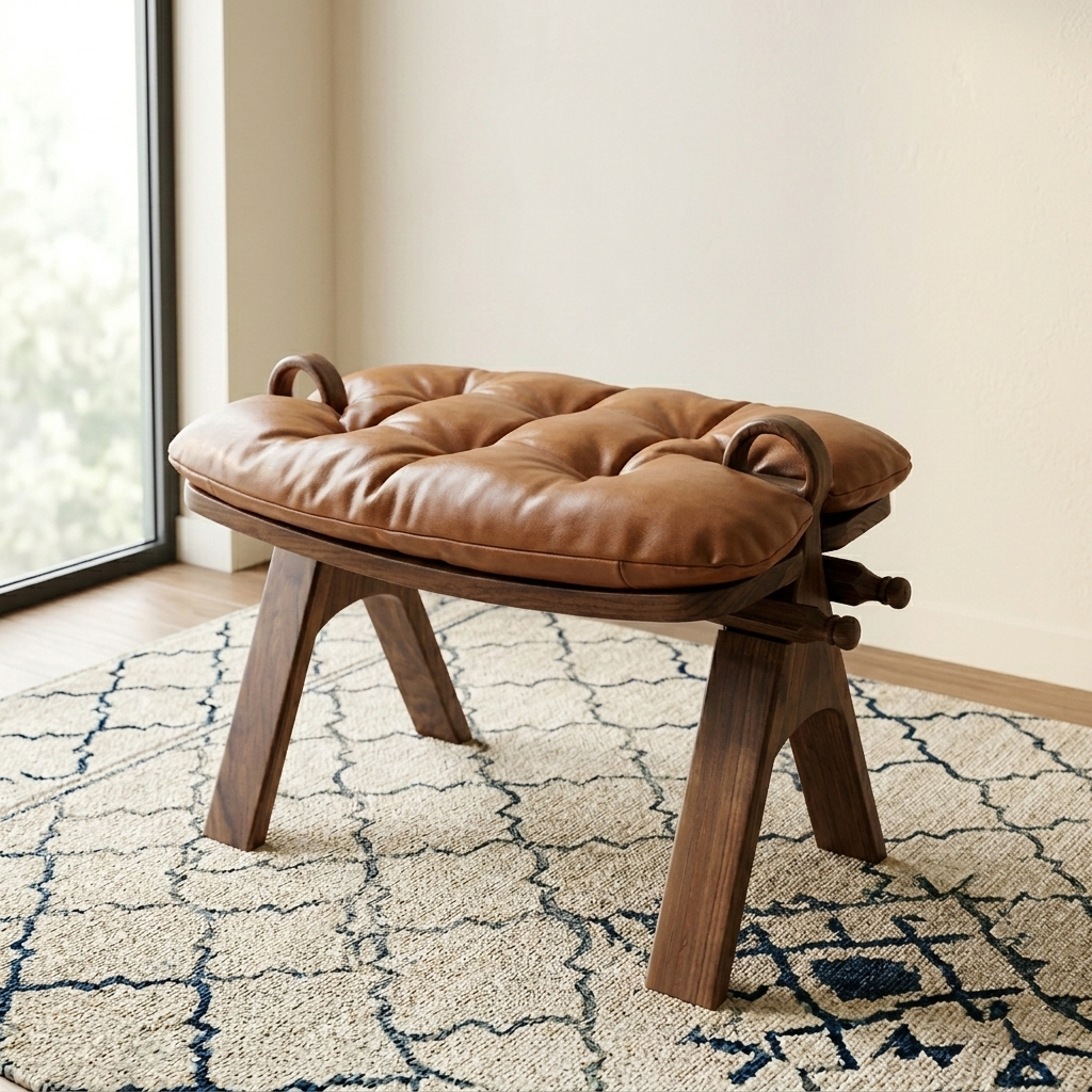Contemporary Retro Top Grain Leather Curved Rectangular Low Stool With Solid Wood Base For Bedroom & Living Room