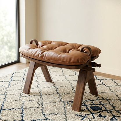 Contemporary Retro Top Grain Leather Curved Rectangular Low Stool With Solid Wood Base For Bedroom & Living Room