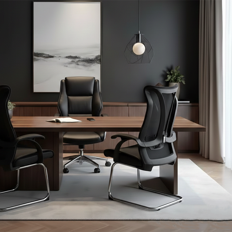 Modern Minimalist Ergonomic Leather Plywood Metal Office Chair Executive Gaming Desk Chair With Headrest Lumbar Support Cantilever Base For Home Office Set Of 2